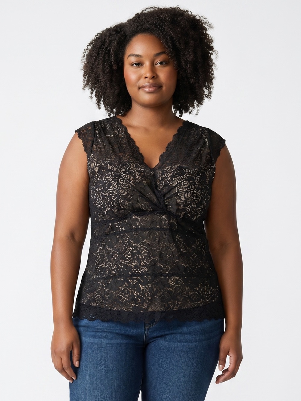 Lane Bryant Black Lace Blouse Size 14/16 V Neck Cap Sleeve Top